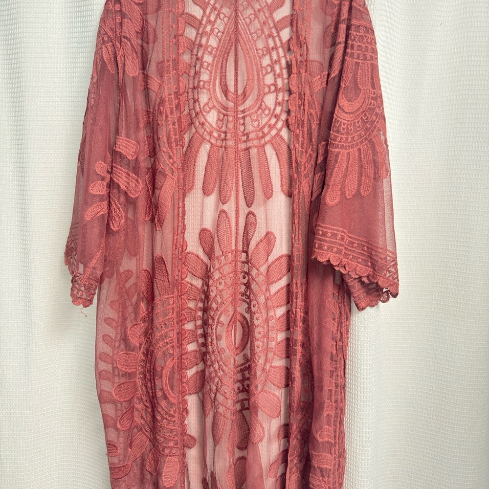 David And Young Elegant Rose Pink Floral Lace Duster Kimono Top Women’s One Size